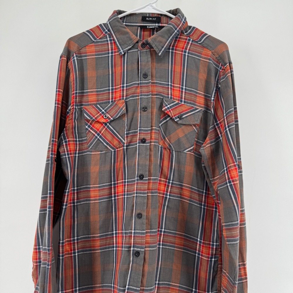 Carbon Mens Slim Fit Plaid Button Down Shirt Gray Orange Red Large RN 70829 - Picture 3 of 9